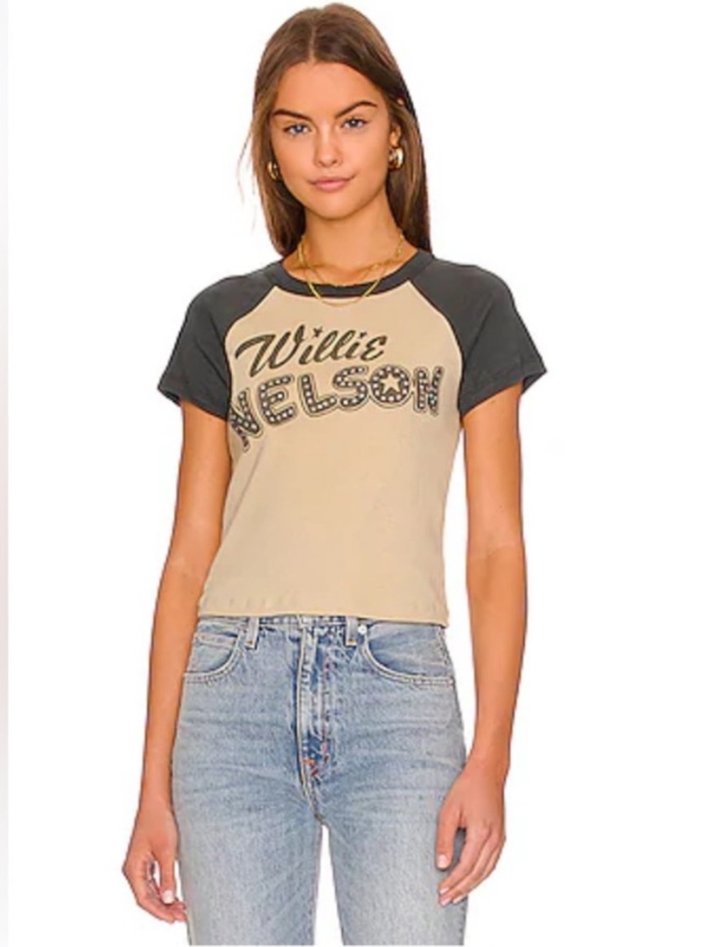 Daydreamer Beige and Black Willie Nelson Raglan Crop Tee